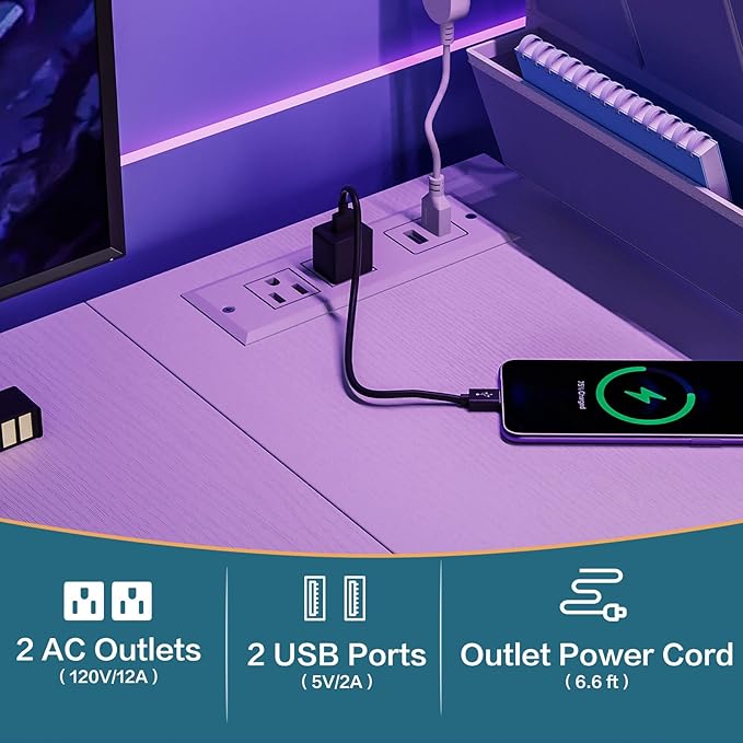 33.7 Computer Desk with Power Outlets LED Lights &amp Drawer Small Office Desk with Storage Bag &amp Hooks Gaming Desk for Bedrooms or Home Office Compact Study Desk for Small SpacesWhite
