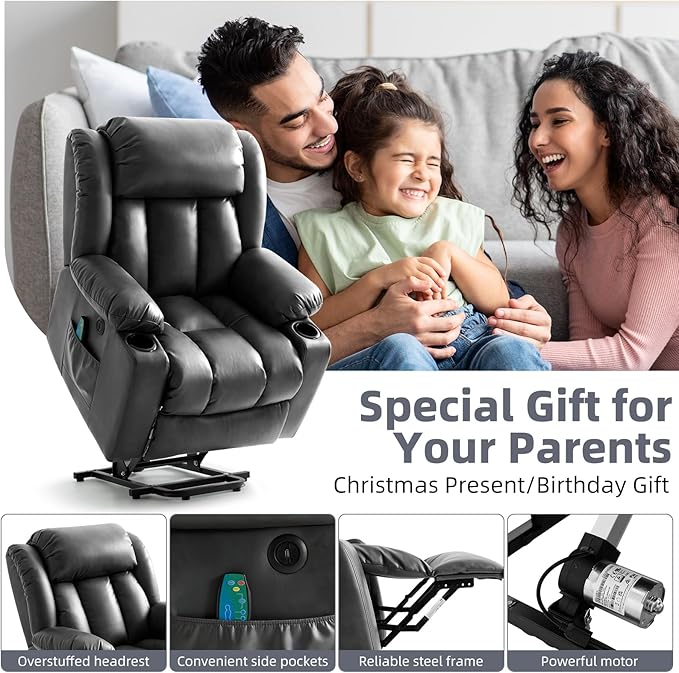 Power Lift Recliner Chair for Elderly Electric Recliner Chairs for Adults with Massage and Heat Cup Holders Remote Control Side Pockets USB Ports Leather (Black)