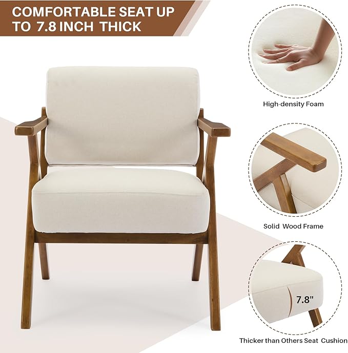 Mid-Century Modern Chair Upholstered Lounge Arm Chair with Solid Wood Frame Thicker Cushion for Living Room Reading Balcony Beige Linen