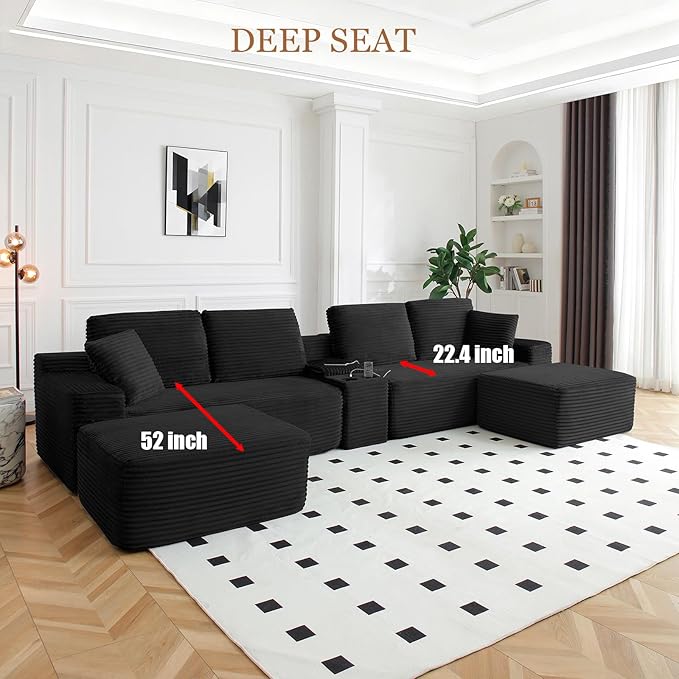 150 Oversized U-Shaped Sectional Sofa Deep Seat Boneless Cloud Corduroy Couch with Cup Holders USB Ports Wireless Charging &amp Storage Box Upholstered Modular Sleeper Sofa for Living Room Blac