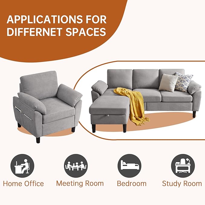 Sectional Sofa Set 2 Pieces 3 Seat L Shape Couch with Ottoman and Accent Chair Sofa Set Polyester Fabric for Living Room Light Grey