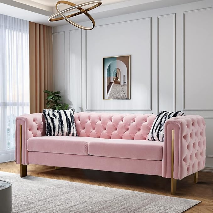 Dolonm Modern Velvet Sofa for Living Room 84 Inches Long Tufted Couch Upholstered Sofa with 2 Pillows High Arm and Metal Legs Decor Furniture for Bedroom Office (Pink)