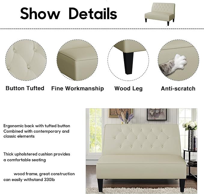 Alunaune Upholstered Loveseat Bench Couch for Bedroom Modern Anti Scratch Cushioned Armless Settee Small Love Seat Sofa Faux Leather Living Room Couch-Beige