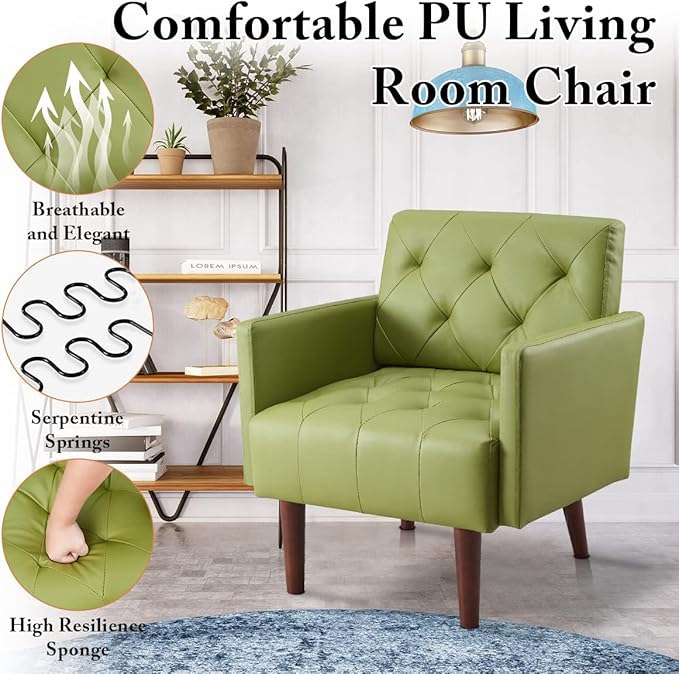 PU Leather Accent Chair Mid Century Modern Armchair for Living Room Reading Tufted Chair Single Sofa High-Density Foam Cushion Solid Wood Legs for Home Bedroom Office Reception(Green)
