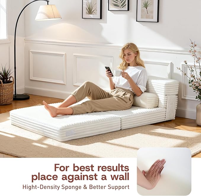 Folding Sofa BedConvertible Sofa Bed with Armrest Foldable Sleeper Chair Portable Folding 4-in-1 Floor Sofa with Convertible Lounge Chair for Living RoomBedroomWashable CoverWhite Single