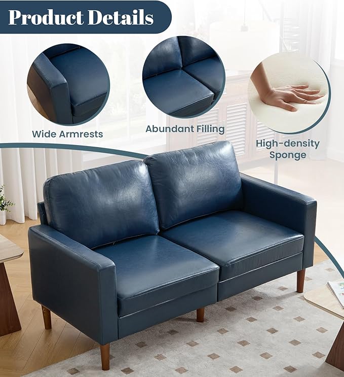 Kingfun 65 Loveseat Sofa with 2 Chair Faux Leather Love Seat Couch Mid Century Modern Couch with Solid Wooden Frame for Living Room &amp Bedroom in Small Spaces Navy Blue