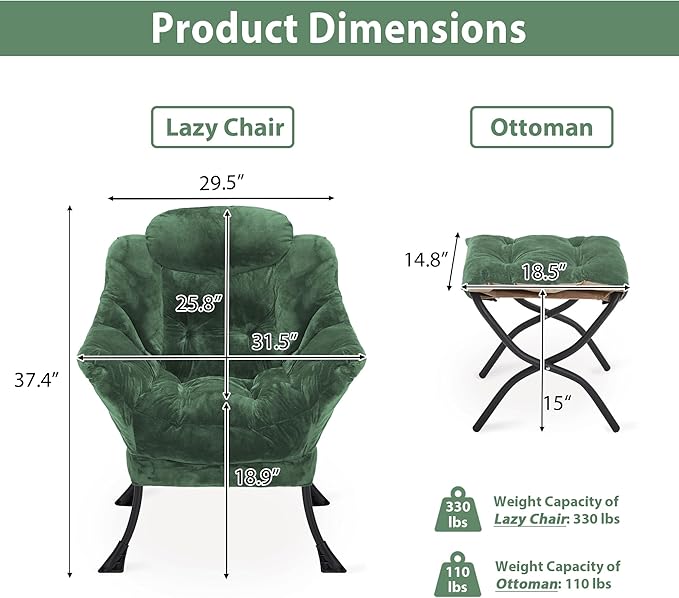 Lazy Chair with Folding Ottoman Accent Chair Plush Upholstered with Metal Structure and Non-Slip Pads Sofa Armchair with Footrest and Side Storage Bag for Dorm Room Office Green