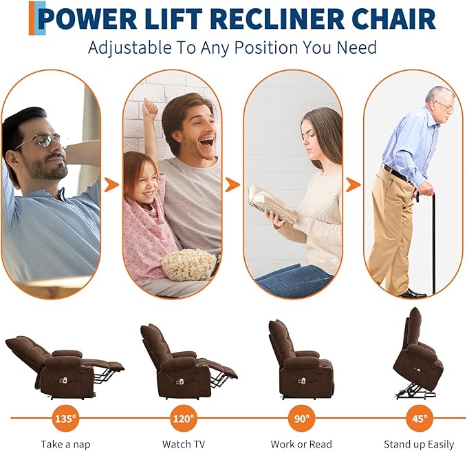 GarveeHome Power Lift Recliner Chair for Elderly with Massage and Heat Oversized Electric Massage &amp Heat Recliner with Soft Padded Upholstery Side Pocket &amp Cup Holders for Living Room Brown