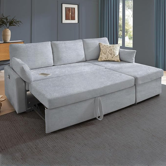 Waxberry 85 L Shaped Sectional Sofa Couch Pull Out Couch Sleeper Sofa Bed for Living Room Modular Chenille Deep Seat Sofa Reversible Chaise Storage Side Pockets &amp Dual USB/Type-C Ports Gray