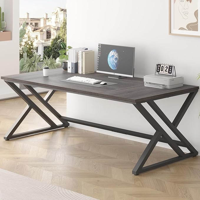 LVB 78.7 Long Executive Desk Modern Large Computer Office Desk Wood Metal Simple Pc Study Gaming Writing Table Industrial Laptop Desk Workstation for Home Bedroom Living Room Dark Gray 78.7 Inch
