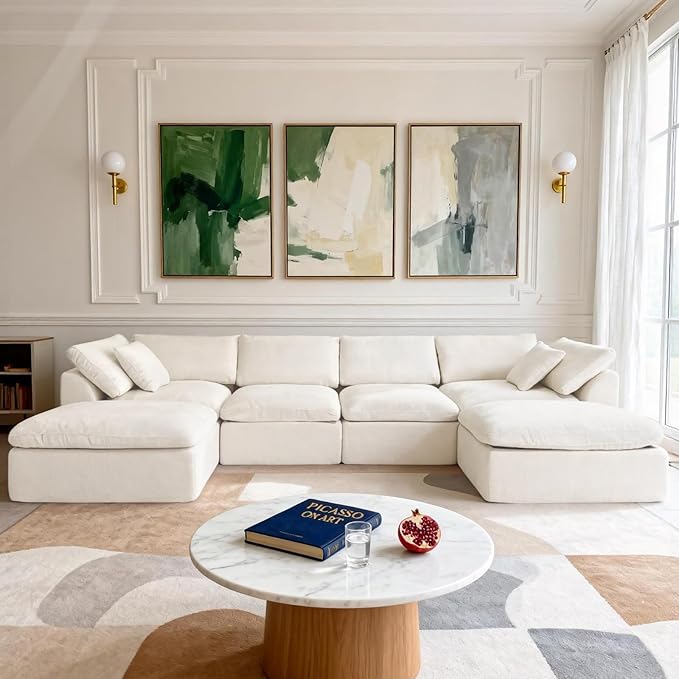 Cloud Modular Sectional Sofa Couch141” U-Shape Sofa with Wide Armrest Modern High-Density Sponge Compressed Couch for Living Room BedroomNo Assembly Needed (White 4 Seats+ 2 Ottoman)