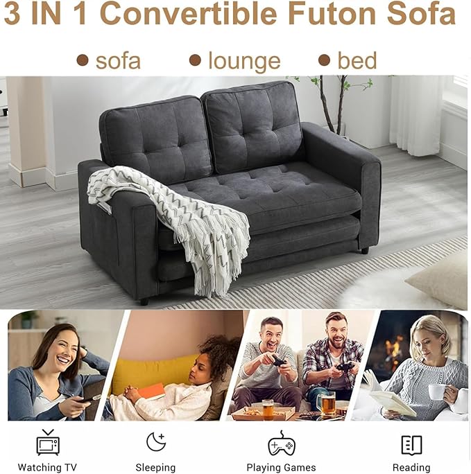 Futon Sofa Bed Convertible Folding Futon Couch Breathable Small CouchAdjustable Pull Out Chaise Lounge for Compact Living Studio in Living Room and Bedroom Offices Dorm Loveseat (Dark Gray)