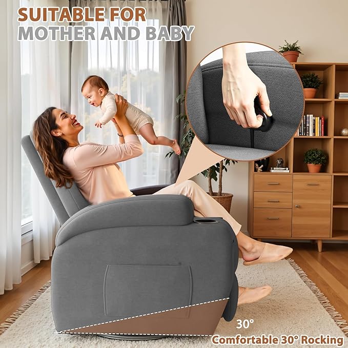 Flamaker Swivel Rocker Recliner Chair with Vibration Massage 360° Swivel Recliner Chairs for Adults Ergonomic Lounge Chair with Cup Holders Lazy Boy Recliner Single Sofa Seat (Fabric Gray)