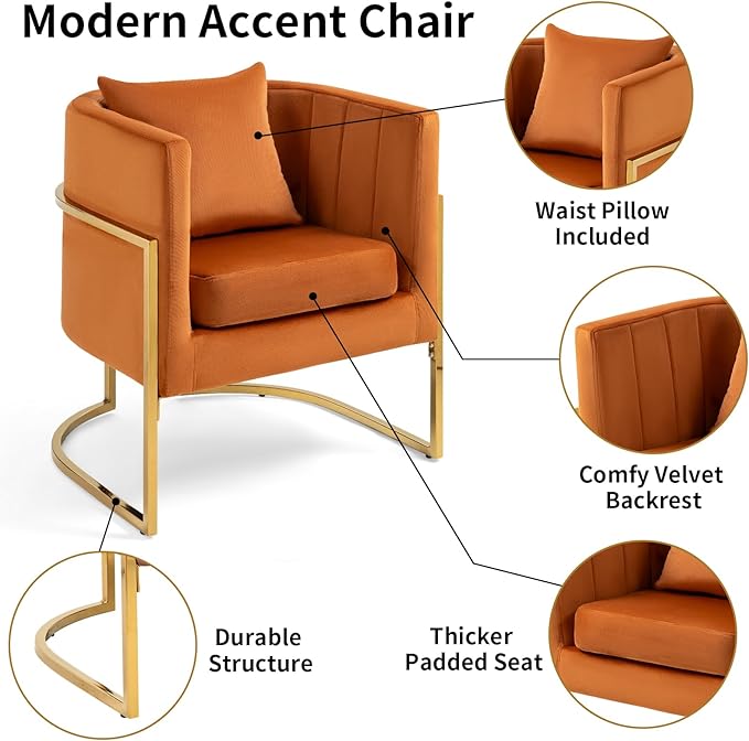 Velvet Modern Accent Chair Upholstered Barrel Armchair Mid Century with Pillow for Living Room Comfy Single Vanity Chair with Metal Gold Legs for Bedroom Orange