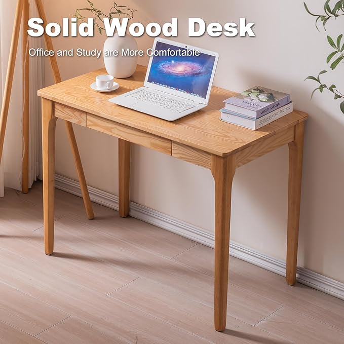 Solid Wood Desk with Drawers Home Office Desk for Small Spaces Gaming Work Study Desk Student PC Desk for Bedroom Easy to Assemble (Wood Color 31.5 inch)