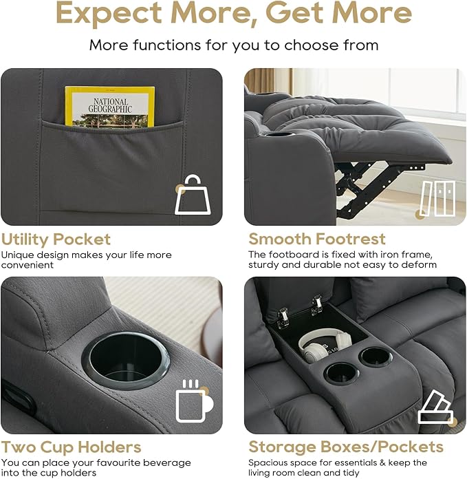IPKIG 65 Loveseat Recliner Sofa - 2 Seater Reclining Sofa with Storge Console Side Pockets Cup Holders and Lumbar Pillows Manual Recliner Chair (Grey 65 Loveseat)
