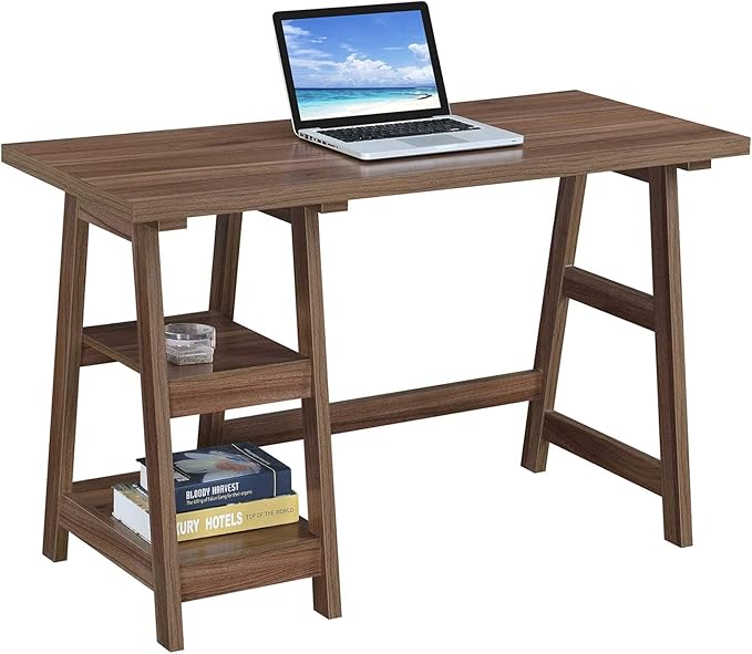 Convenience Concepts Designs2Go Trestle Desk 47 - Modern Desk or Vanity with Shelves for Office Dorm Living Room Cappuccino