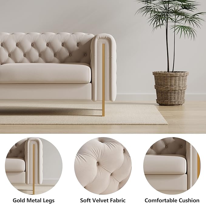 Dolonm Modern Velvet Sofa for Living Room 84 Inches Long Upholstered Sofa Couch with High Armrest and Metal Legs Decor Furniture for Bedroom Office (Cream)