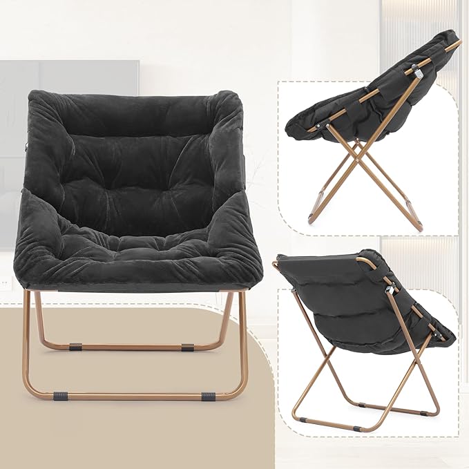 Athena Collection Comfy Saucer Chair and Ottoman Set for Adult Comfortable Faux Fur Square Oversize Folding Reading Chair with Metal Leg Lazy and Cozy for Bedroom Living Room Black