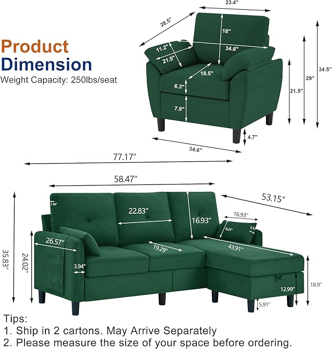 Sectional Sofa Set 77 Convertible Sofa and 35 Accent Chair Small 3 Seat L Shaped Couch with Storage Ottoman and Side Pockets Modern Couch for Living Room Office Apartment Green