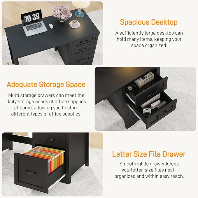 Vabches Farmhouse 47” Executive Desk with File Drawer Mutual Installation Rustic Computer Desk with 2 Storage DrawersOffice Home Workstation for Work Study Writing Black