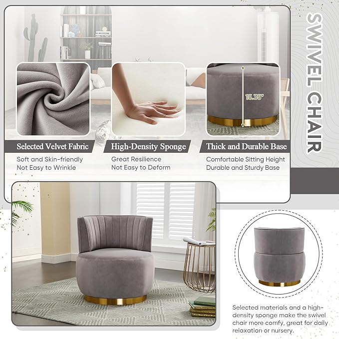 Velvet Swivel Barrel Chair Modern Upholstered Accent Chair 360° Swivel Round Lounge Chair with Gold Metal Base Comfy Arm Chair Sherpa Chair for Nursery Living Room Bedroom Club Office Gray