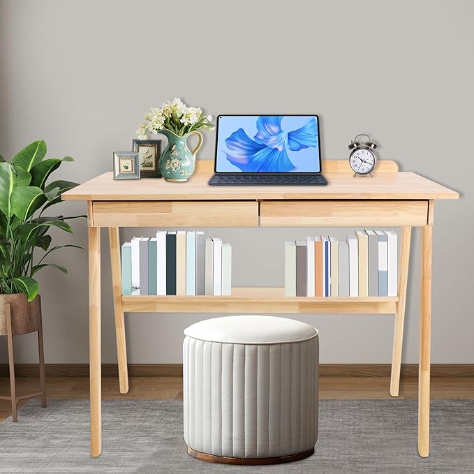 Modern Computer Desk with 2 Drawers &amp Storage Shelf Solid Wood Writing Desk for Home Office 39.3 Large Desktop 330 lbs Load Capacity Ergonomic Study Table (Log Color)