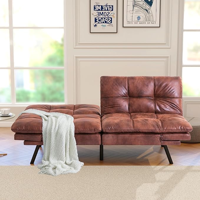 Opoiar Futon Sofa Bed Modern Memory Foam Futon Sofa Bed Couch Sleeper Convertible Futon Couch Christmas Memory Foam Couch Convertible Loveseat for Living Room Apartment Studio Brown (267PU-CH)