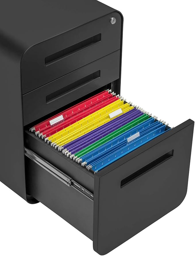 Laura Davidson Furniture Stockpile 3 Drawer File Cabinet with Lock - Under Office Desk Metal Filing Cabinet Legal/Letter File Folders Wheels and Stationary Feet Pre-Assembled Black