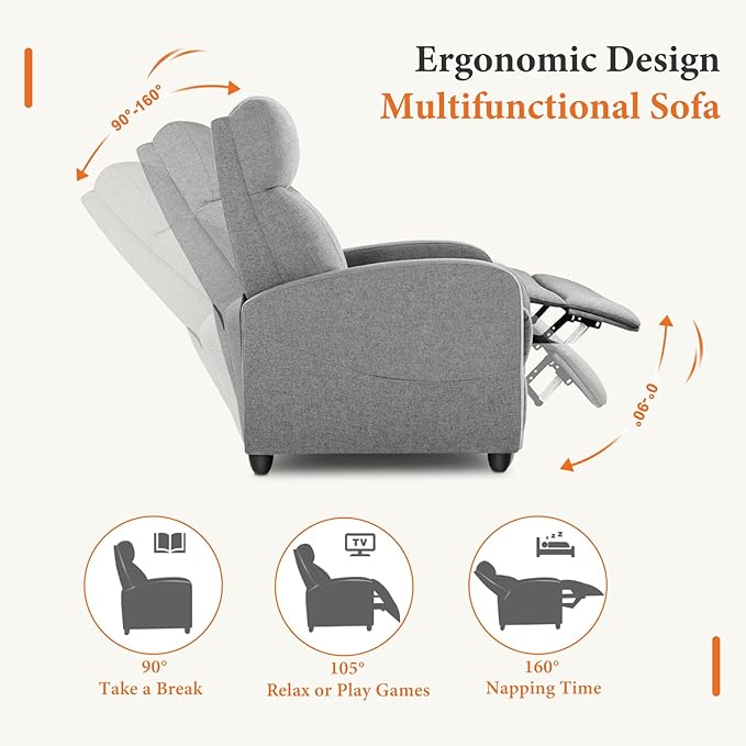 Sweetcrispy Recliner Chair Fabric Recliner Sofa No Massage Home Theater Seating with Lumbar Support Adjustable Push Back Overstuffed High-Density Sponge Reclining for Living Room Slate Gray