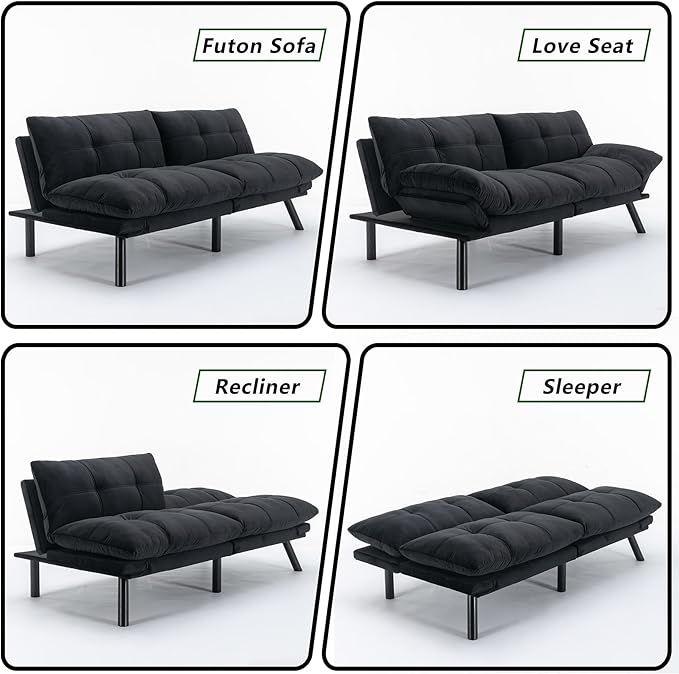 70“ Modern Velvet Futon Couch SleeperConvertible Sleeper Sofa Bed with Adjustable Backrests and Folding Armrest for Living Room Bedroom Office ApartmentSplit BackMattress Included (Black)