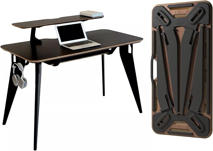 HOEK Desk Bundle Modern Home Office Desk with 47.5 x 23 Integrated Monitor Shelf Storage Shelf Wall Cleat and Hook Space-Saving Portable Collapsible Table for Work and Study (Black/Black)