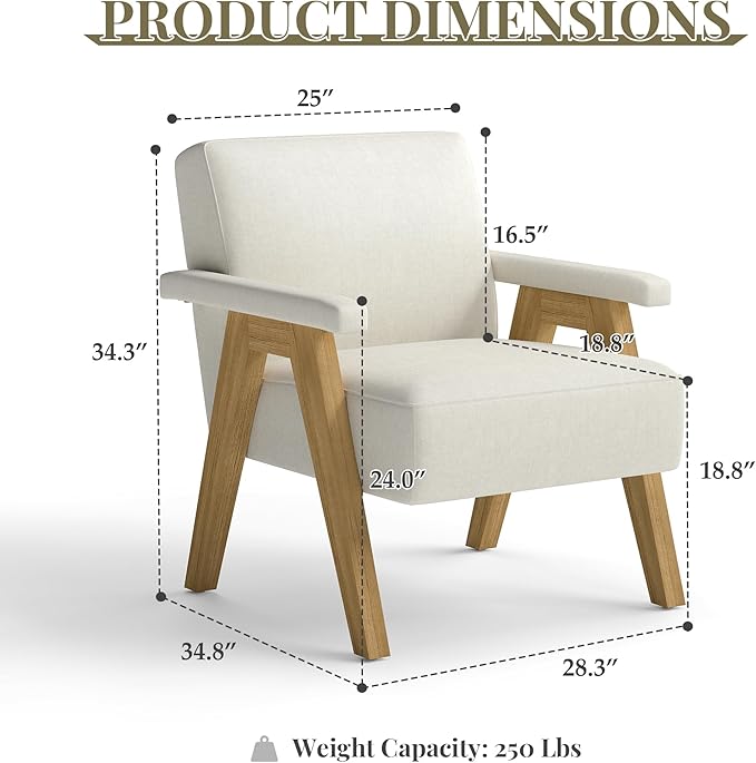 Mid-Century Accent Chair Linen Fabric Upholstered Lounge Armchair with Solid Wood Frame Modern Reading Chair for Living Room Bedroom Apartment – Ivory White