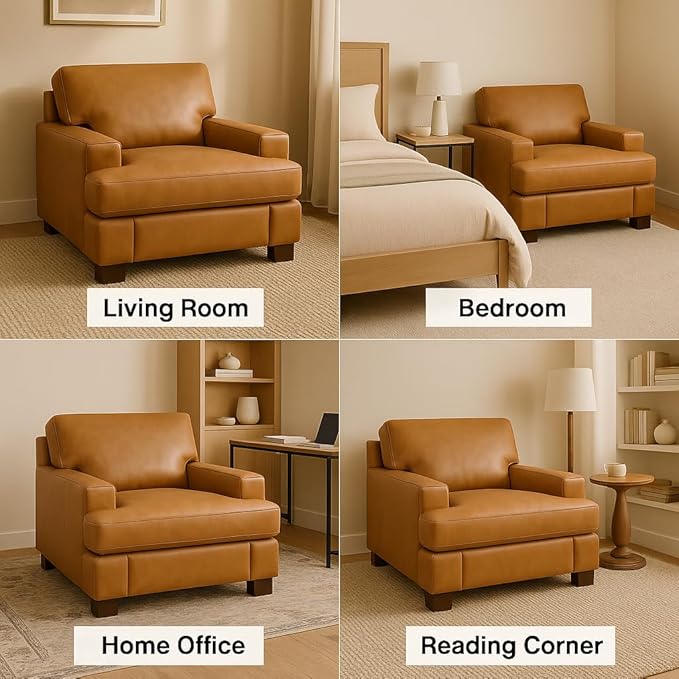 Siggy 400 LBS Capacity Genuine Leather Accent Chair – Goose Feather Cushion Filling for Cloud-Like Comfort Easy Assembly Tan Mid-Century Modern Single-Seat Sofa for Living Room