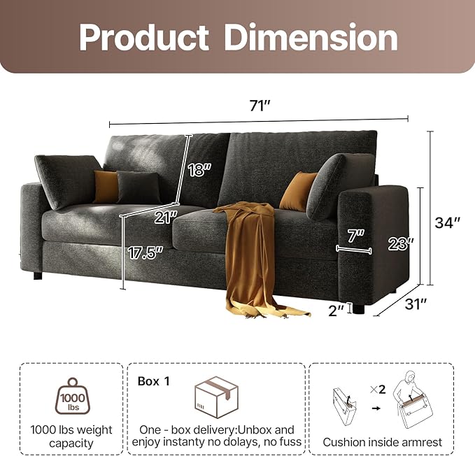 71” Loveseat Sofa Mid Century Modern Decor Love Seat Couches for Living Room Linen Fabric Deep Cushions Couch for Bedroom Solid and Easy to Install Love Seats Furniture (Dark Gray 71 Inch)