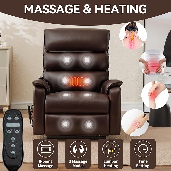 Manual Rocker Swivel Recliner Chair with Vibration Massage Lumbar Heat Rivet Design Faux Leather Brown Single Sofa for Living Room (34.64 Brown)