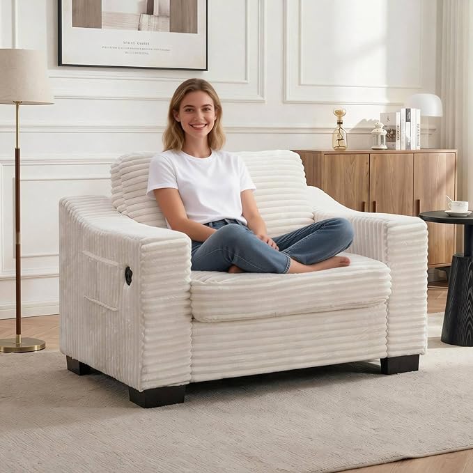 46.1''W Oversized Accent Chair Modern Single Armchair with USB Charger &amp Storage Pocket Comfy Reading Chair Tufted Corduroy Fabric for Living Room Bedroom Apartment Office (Beige)
