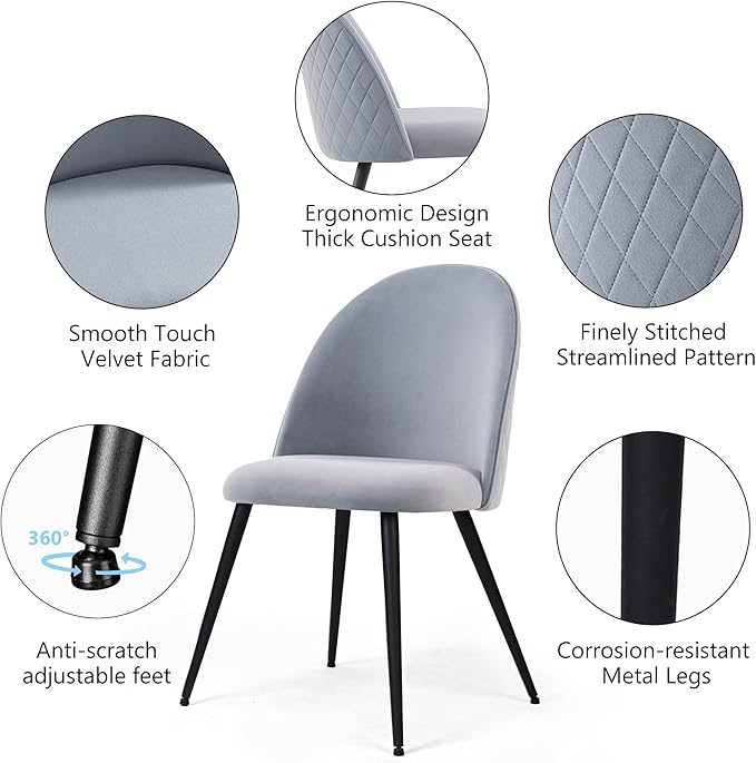 Dining Chair Set of 4Modern Gray Reception Guest Chairs Upholsered for Kitchen Apartment Elegant Velvet Living Bedroom Side Chairs with Curved Backrest Metal Legs