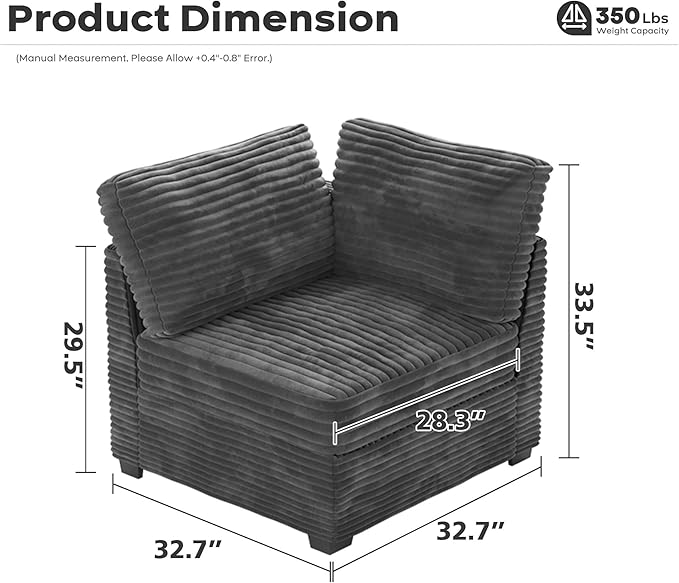 ovios 32.7 inches Armrest Seat Module for Modular Sectional Sofa Couch Loveseat Customizable DIY Combination L U V Shaped Plush Corduroy Sofas Couches for Living Room Grey