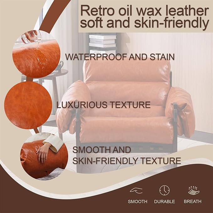 Mid-Century Modern Accent Chair Oil Waxed Leather Lounge Chair with Thicked Cushion &amp Removable Armrests Upholstered Cozy Armchair Cloud Sofa Chairs for Living Room Bedroom Apartment(Orange)