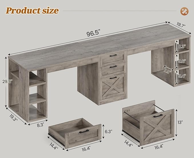 SEDETA Farmhouse 96.5 Computer Desk with Drawers 2 Person Home Office Desk Gaming Double Desk with Storage Shelves Long Two Person Writing Desk (Grey)