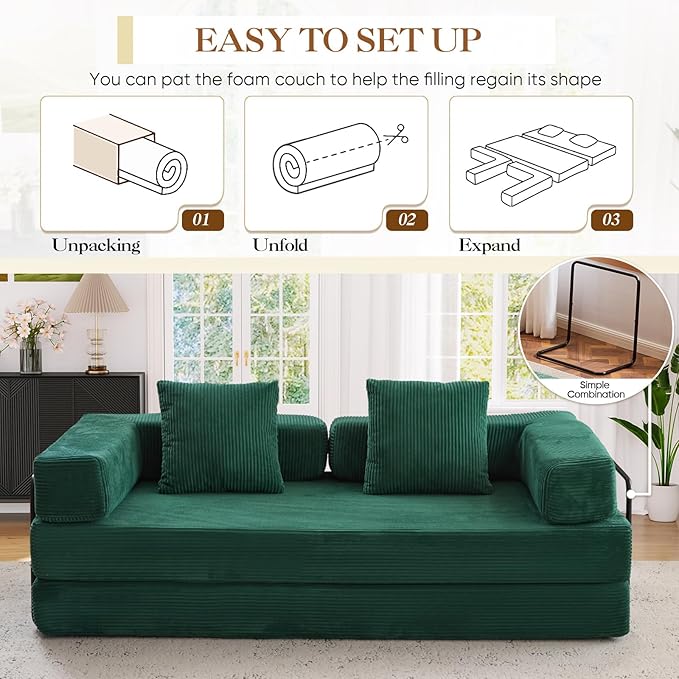 Antetek Modular Futon Sofa Bed Convertible Folding Corduroy Comfy Memory Foam Floor 3 Seater Loveseat Sleeper Sofa Couch Bed Chaise Lounge with 2 Pillows for Guest Room Living Room Office Green