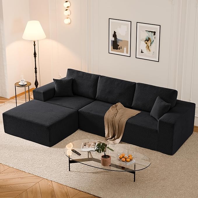 108 L-Shaped Boneless Couch Modular Sectional Sofa with Moveable Ottoman Corduroy Cloud Couches for Living Room No Assembly Ship in a Box Black