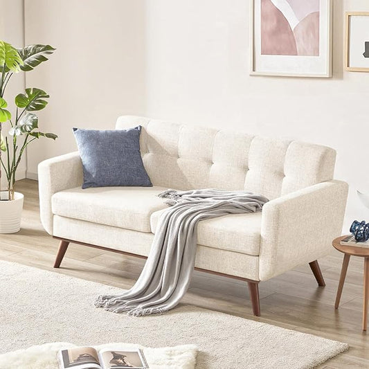 Tbfit Loveseat Sofa Mid-Century Love Seat Couches Boucle Small Sofa for Living Room Bedroom Office Button Tufted Upholstered Furniture Beige