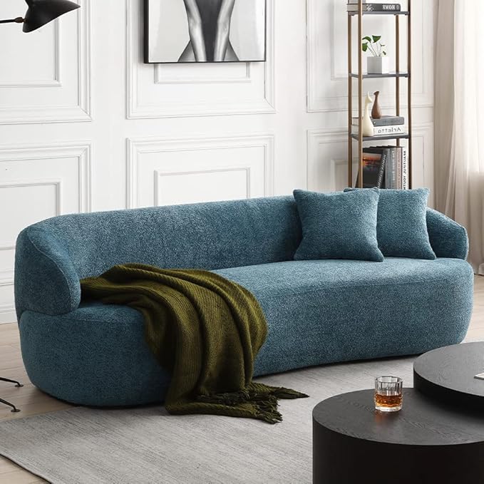 Curved Sofa Couch 86.6 3-Seater Modern Boucle Sectional Sofa Couch Comfy Cloud Upholstered 3 Seat Leisure Cushion Sofa with Pillows for Living Room Bedroom Office ApartmentNavy Blue