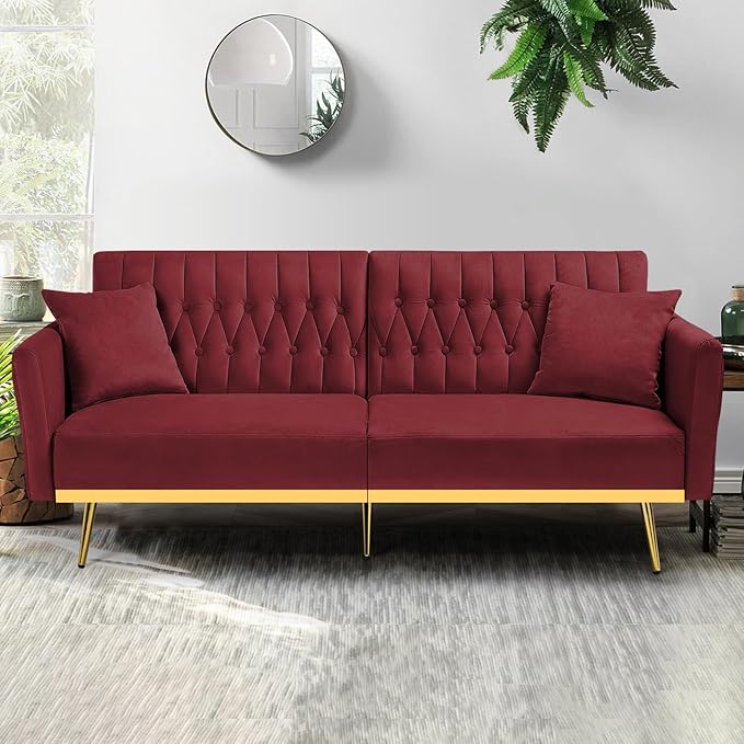 70” Velvet Futon Sofa Bed with 2 Pillows and Adjustable Armrests Convertible Sleeper Bed W/Adjustable Backrests Modern Loveseat for Living Room Bedroom Red