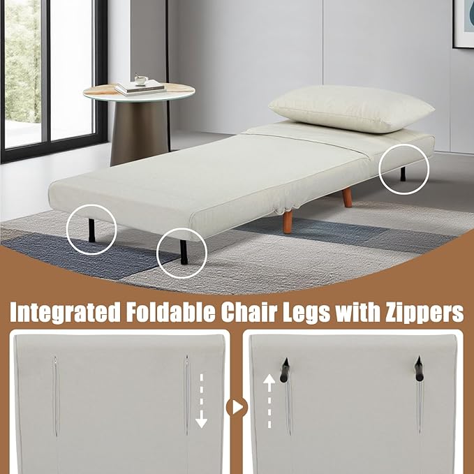 3 in 1 Sleeper Chair Bed Foldable Convertible Chair with Thickened Cushion and Sponge OTE Chenille Fabric Adjustable Backrest Upholstered Accent Sofa for Apartment/Bedroom/Office - Beige White