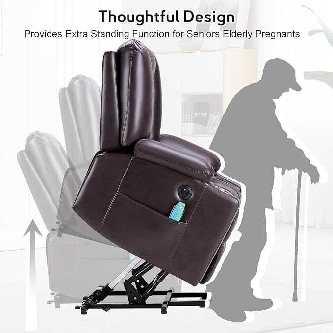 Bonzy Home Power Lift Chair with Heat and Massage Faux Leather Lift Recliner Chair for Adults Elderly Upholstered Recliner with 2 Cup Holders Side Pocket USB and Type-c Port Brown