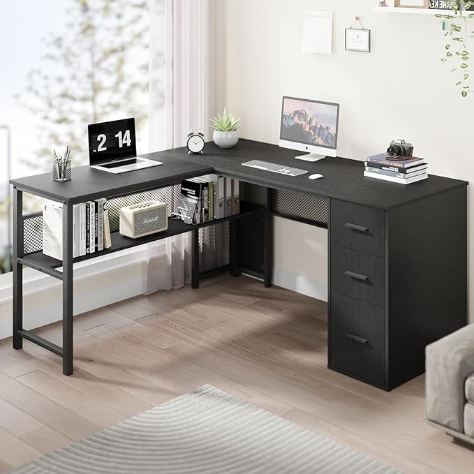 LVB Black L Shaped Desk Reversible Computer Office Desk with Drawers Modern Large L Shape Gaming Desk Table with File Cabinets Wood Executive Corner Desk with Storage Shelf for Bedroom 59 Inch