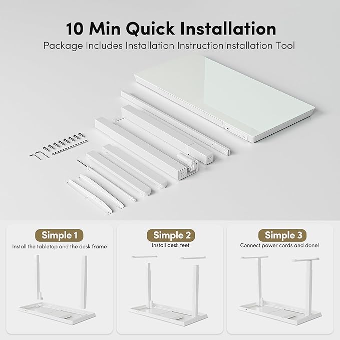 BANTI Electric Standing Desk with Drawers 55 inch Whole-Piece Glass Desktop Height Adjustable Stand up Sit Stand Home Office Ergonomic Workstation White Tabletop